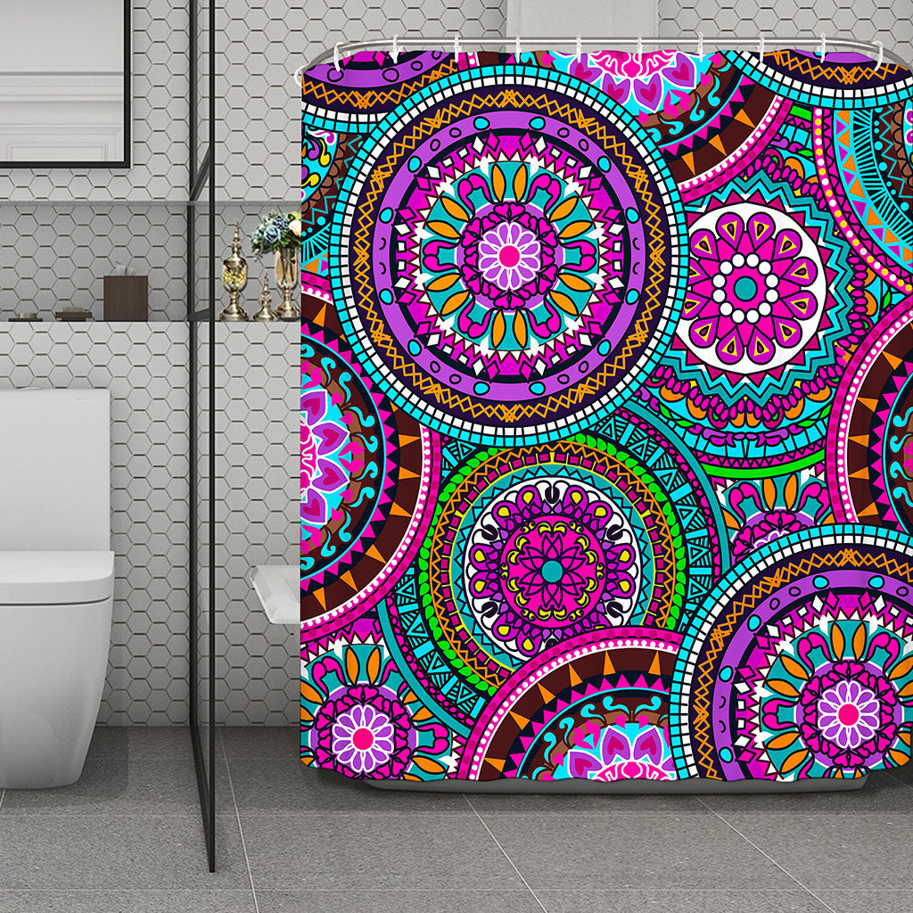 Purple Teal Circle Mandala Print Polyester Shower Curtain