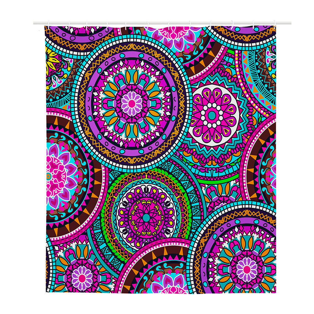 Purple Teal Circle Mandala Print Polyester Shower Curtain