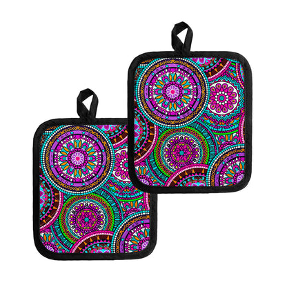 Purple Teal Circle Mandala Print Pot Holders