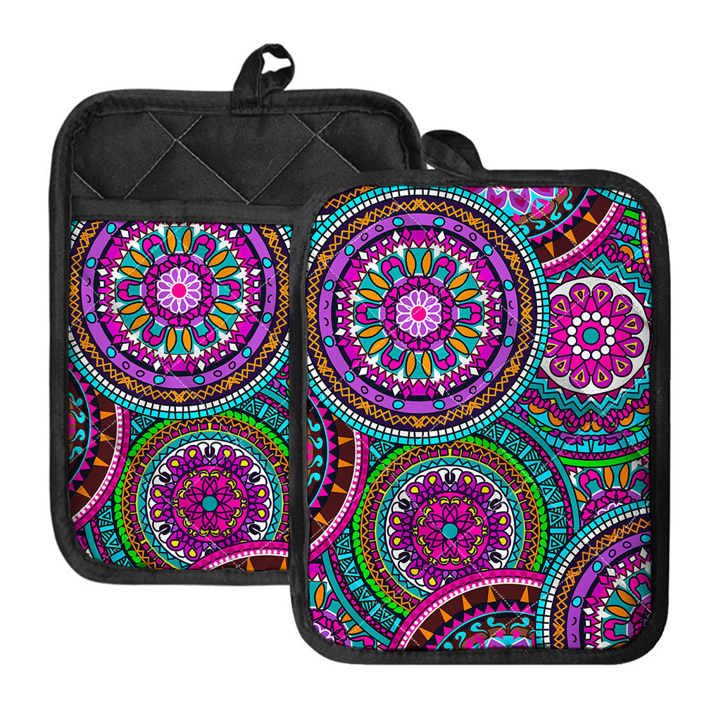 Purple Teal Circle Mandala Print Pot Holders With Pocket