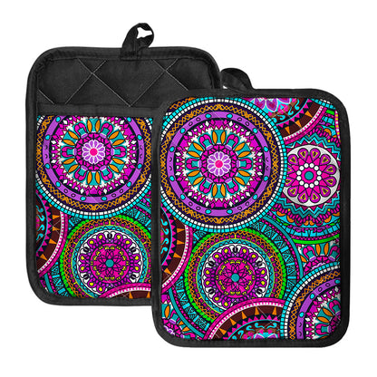 Purple Teal Circle Mandala Print Pot Holders With Pocket