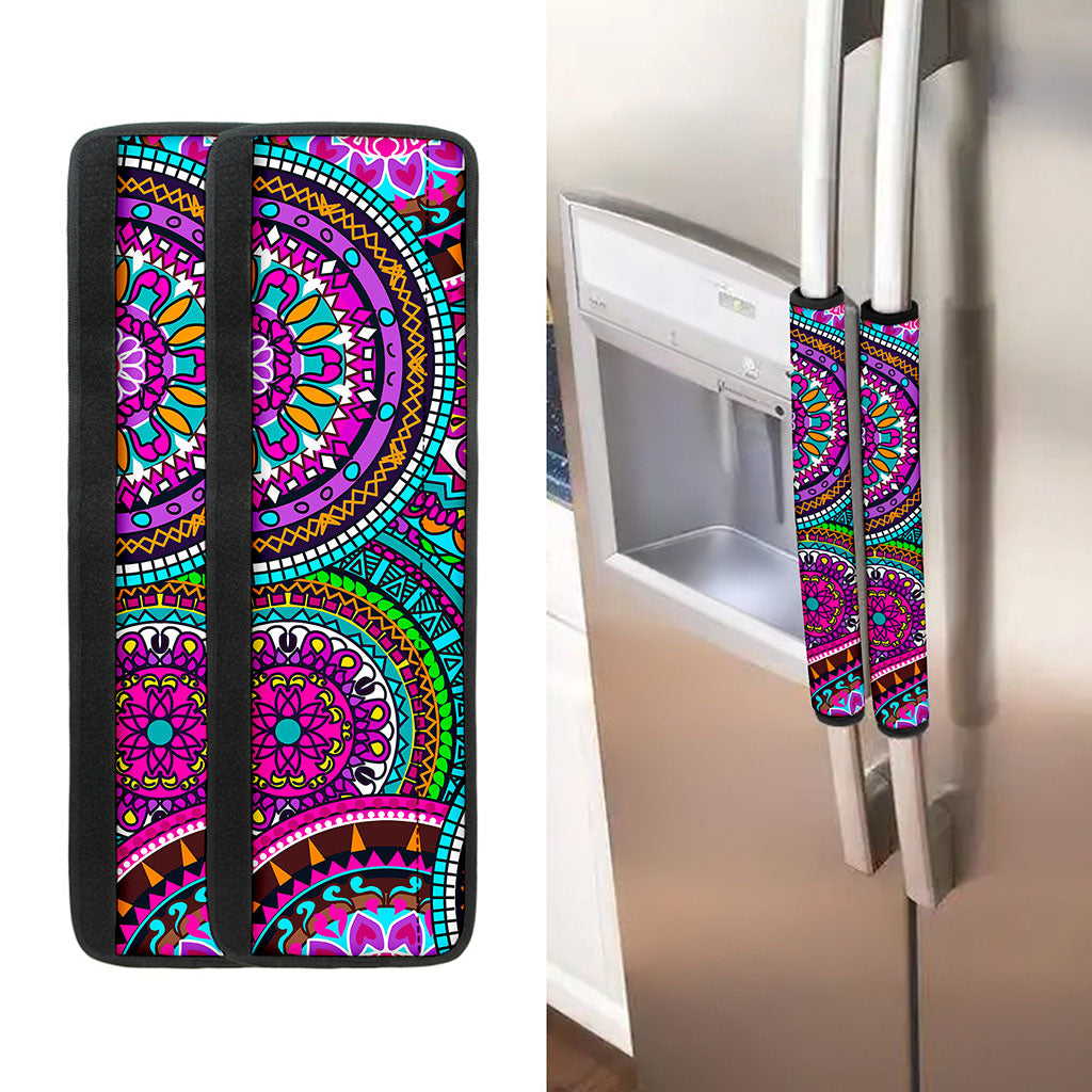Purple Teal Circle Mandala Print Refrigerator Handle Covers