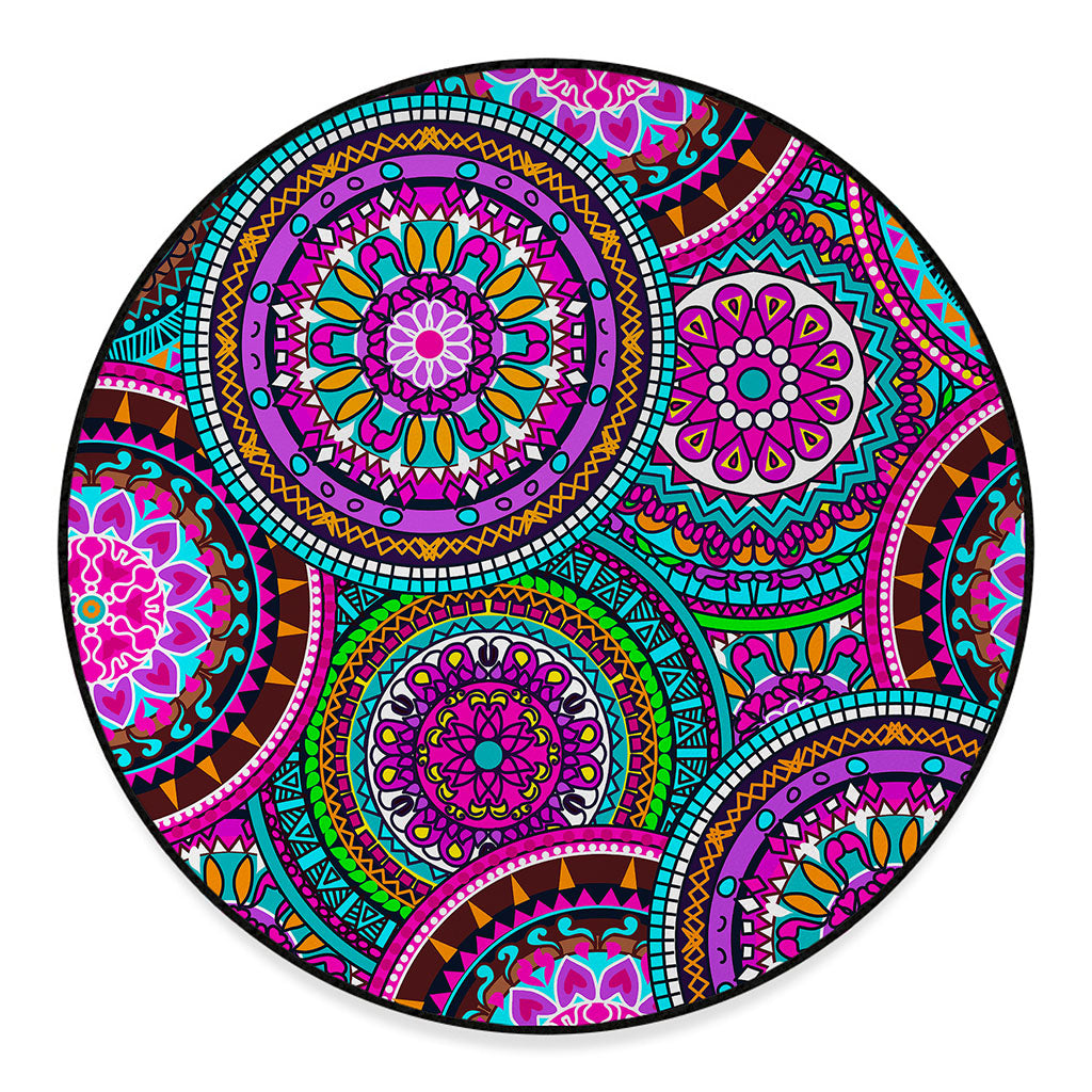 Purple Teal Circle Mandala Print Round Floor Mat