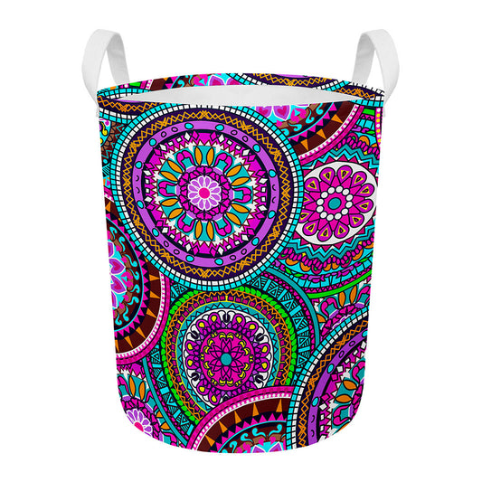 Purple Teal Circle Mandala Print Round Laundry Basket