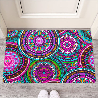 Purple Teal Circle Mandala Print Rubber Doormat
