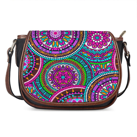 Purple Teal Circle Mandala Print Saddle Bag