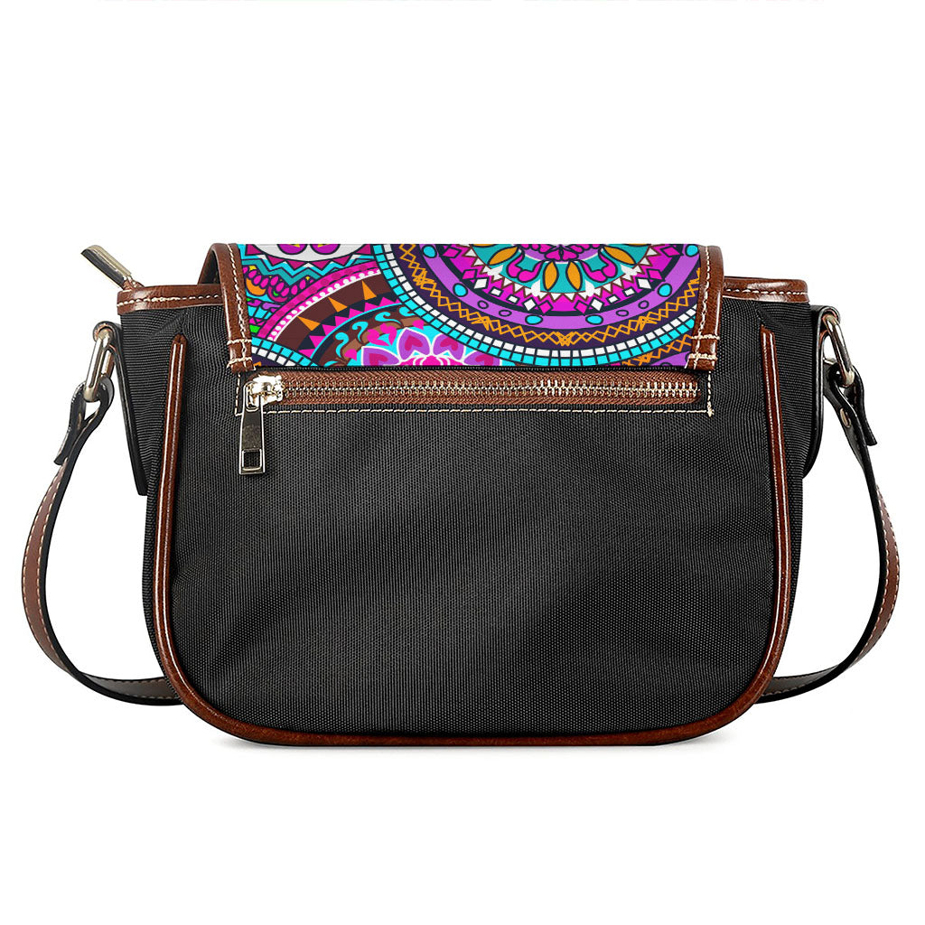 Purple Teal Circle Mandala Print Saddle Bag