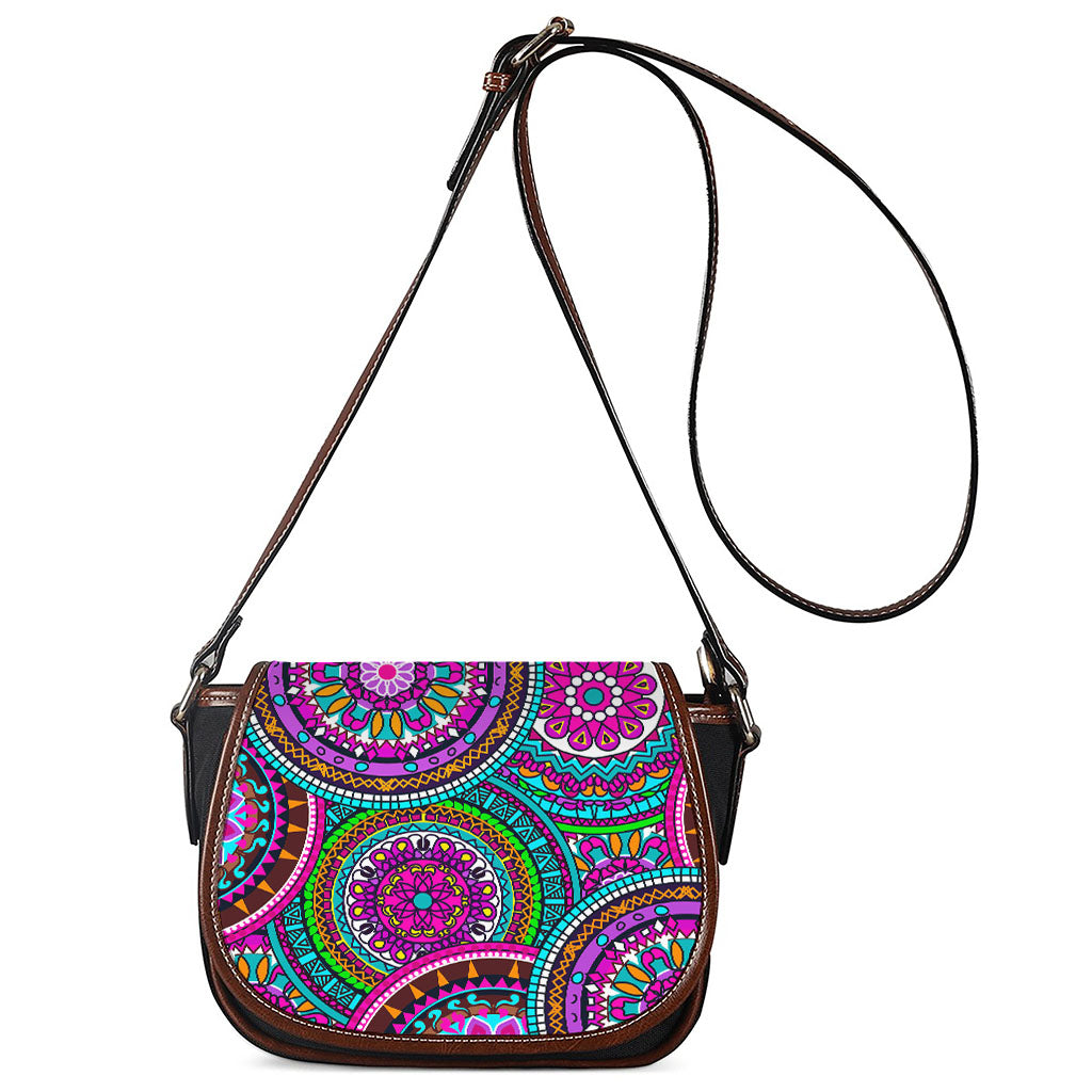 Purple Teal Circle Mandala Print Saddle Bag