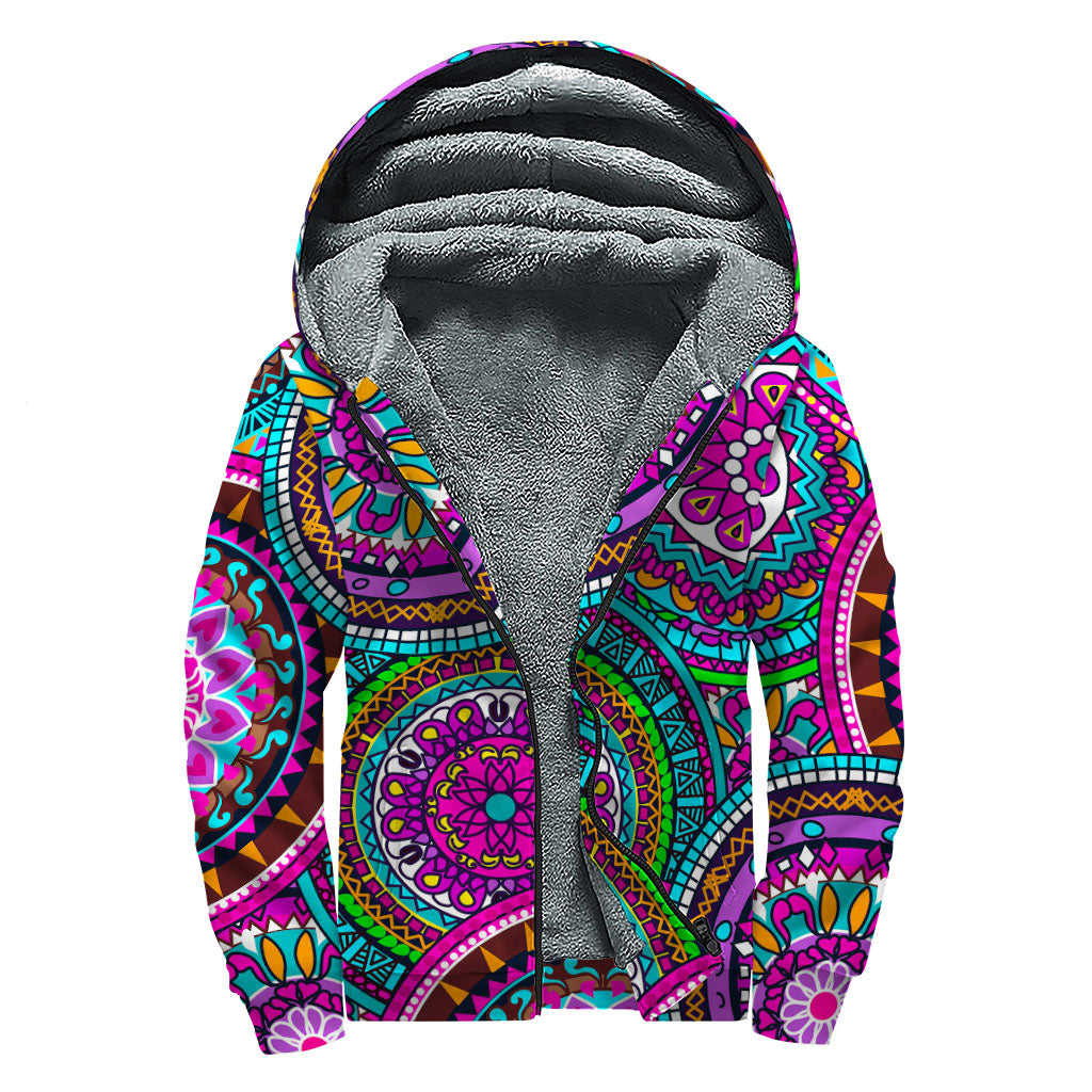 Purple Teal Circle Mandala Print Sherpa Lined Zip Up Hoodie