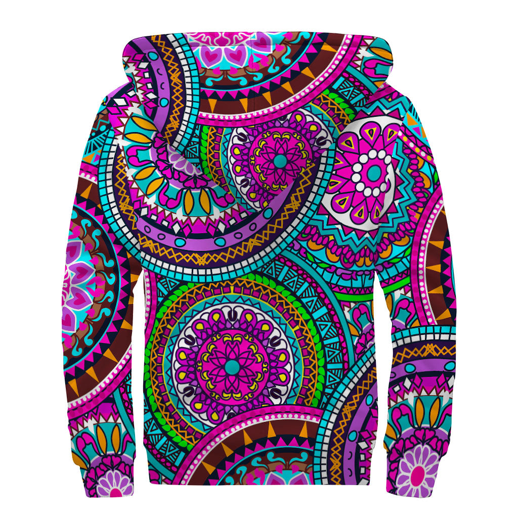 Purple Teal Circle Mandala Print Sherpa Lined Zip Up Hoodie