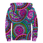 Purple Teal Circle Mandala Print Sherpa Lined Zip Up Hoodie