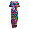 Purple Teal Circle Mandala Print Short Sleeve Long Nightdress