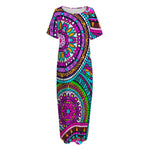 Purple Teal Circle Mandala Print Short Sleeve Long Nightdress
