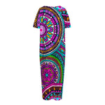 Purple Teal Circle Mandala Print Short Sleeve Long Nightdress