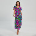 Purple Teal Circle Mandala Print Short Sleeve Maxi Dress