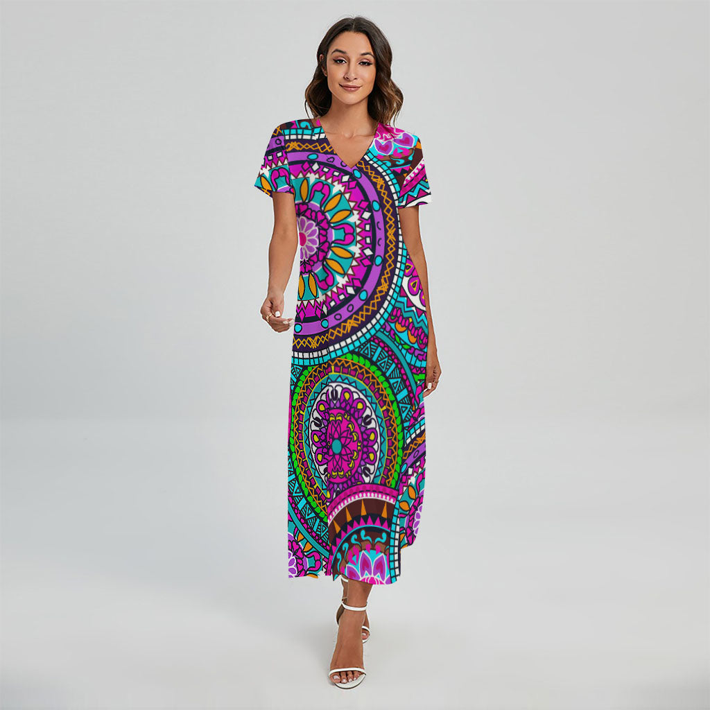 Purple Teal Circle Mandala Print Short Sleeve Maxi Dress
