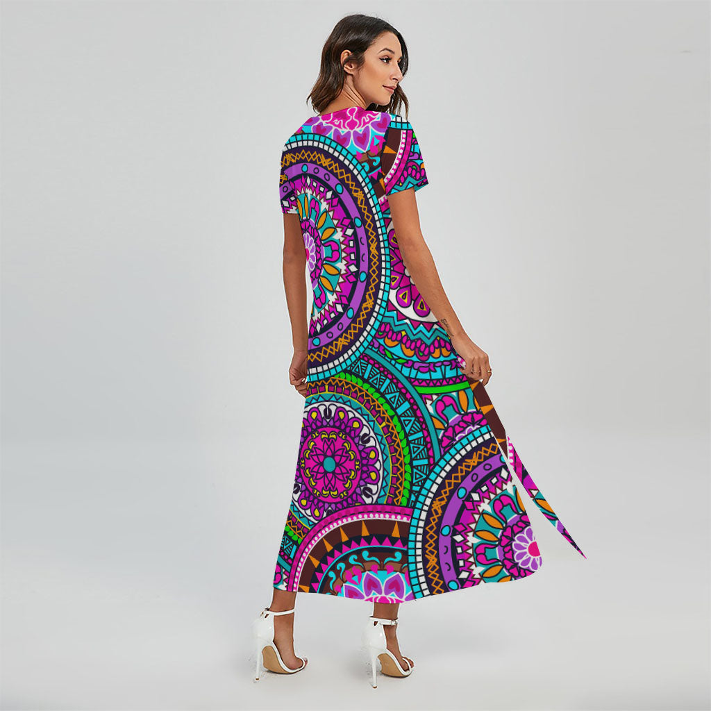 Purple Teal Circle Mandala Print Short Sleeve Maxi Dress