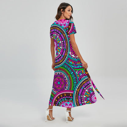 Purple Teal Circle Mandala Print Short Sleeve Maxi Dress