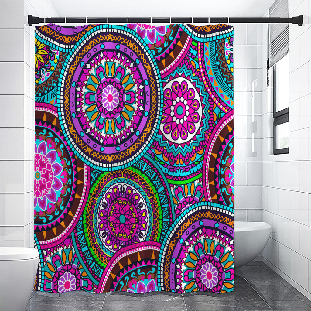 Purple Teal Circle Mandala Print Shower Curtain