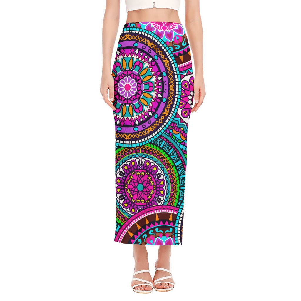 Purple Teal Circle Mandala Print Side Slit Maxi Skirt