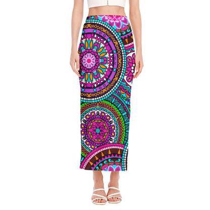 Purple Teal Circle Mandala Print Side Slit Maxi Skirt