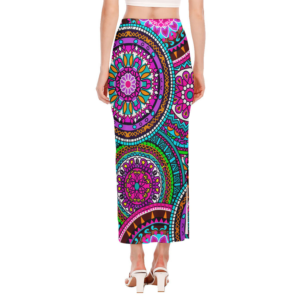 Purple Teal Circle Mandala Print Side Slit Maxi Skirt