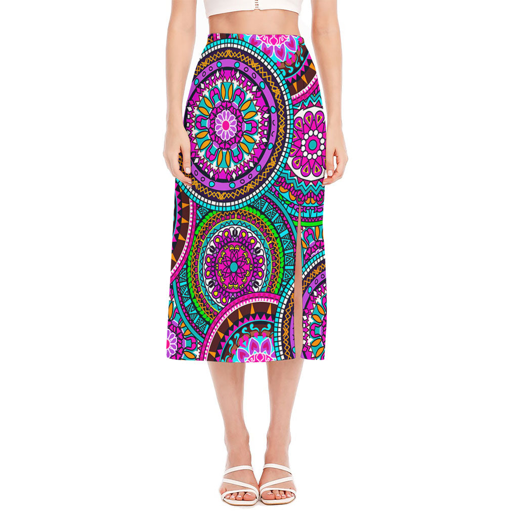 Purple Teal Circle Mandala Print Side Slit Midi Skirt