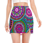 Purple Teal Circle Mandala Print Side Slit Mini Skirt