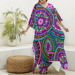 Purple Teal Circle Mandala Print Silk V-Neck Kaftan Dress