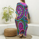 Purple Teal Circle Mandala Print Silk V-Neck Kaftan Dress