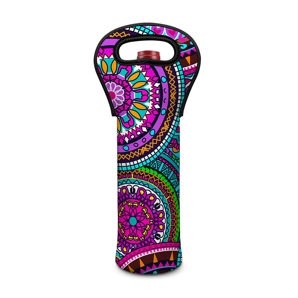 Purple Teal Circle Mandala Print Single Neoprene Wine Tote