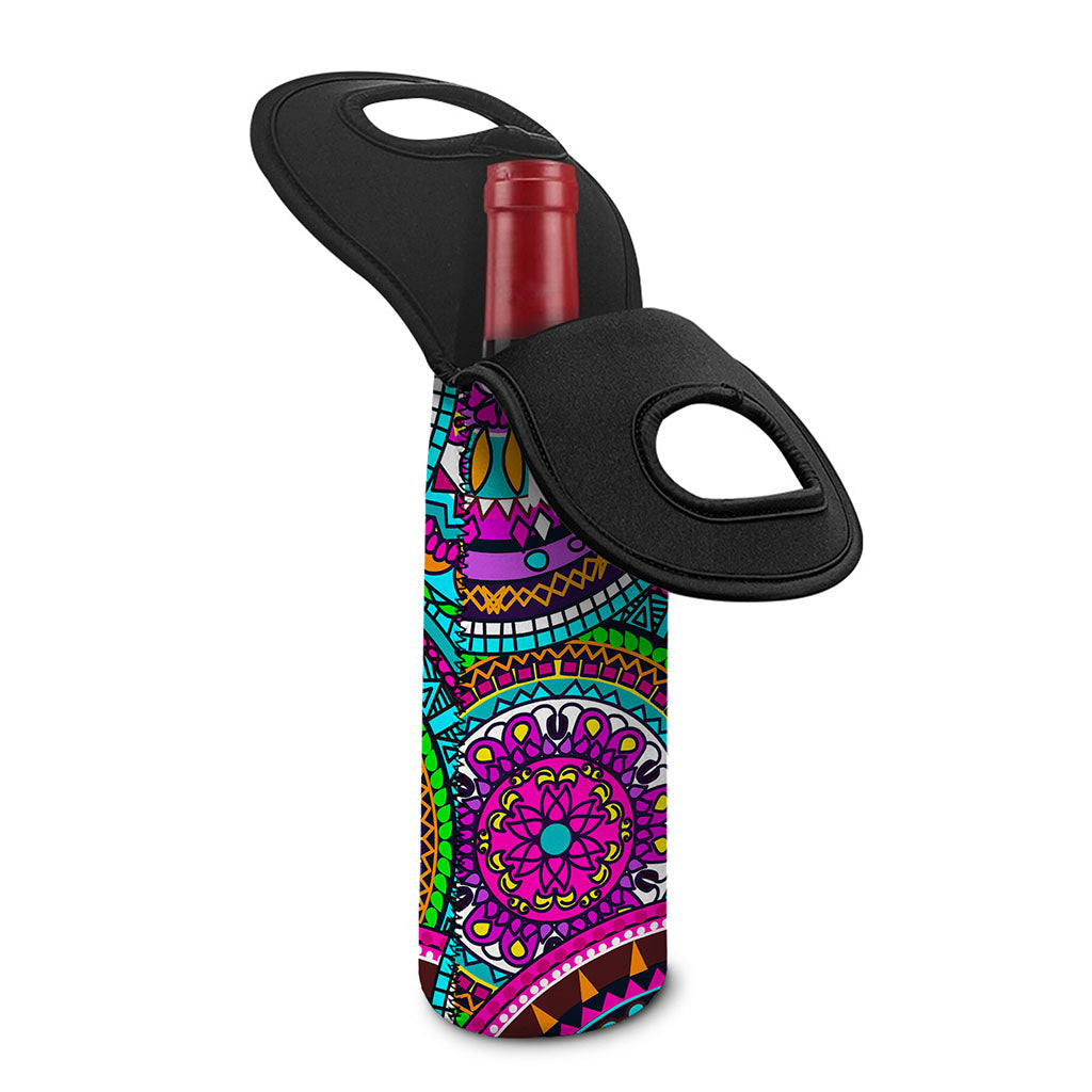Purple Teal Circle Mandala Print Single Neoprene Wine Tote