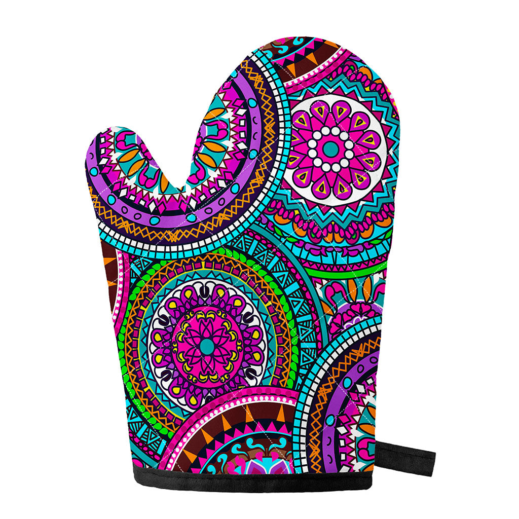 Purple Teal Circle Mandala Print Single Oven Mitt