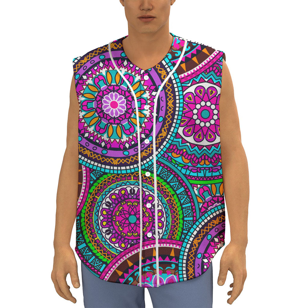 Purple Teal Circle Mandala Print Sleeveless Baseball Jersey