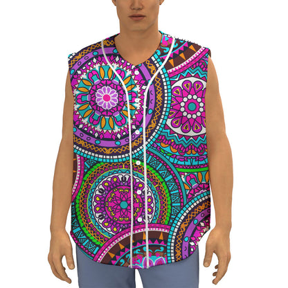 Purple Teal Circle Mandala Print Sleeveless Baseball Jersey