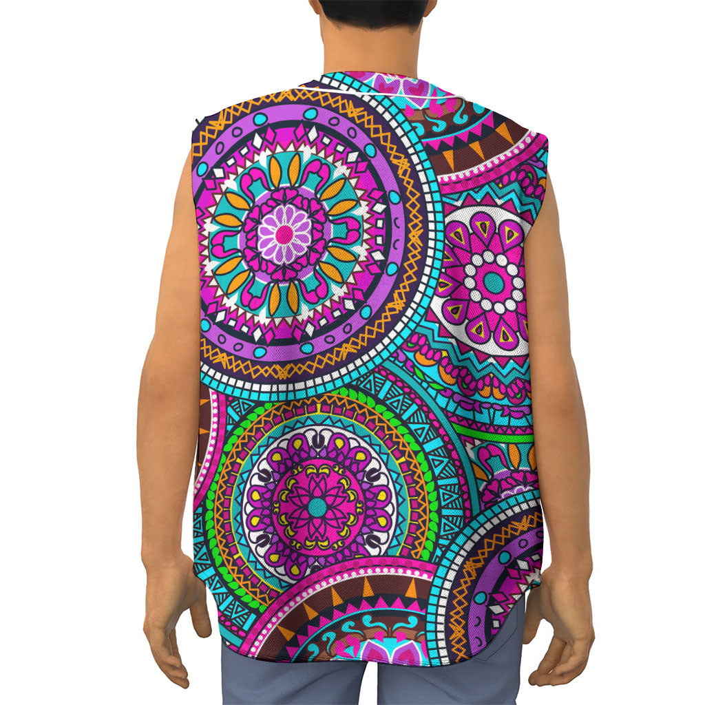 Purple Teal Circle Mandala Print Sleeveless Baseball Jersey