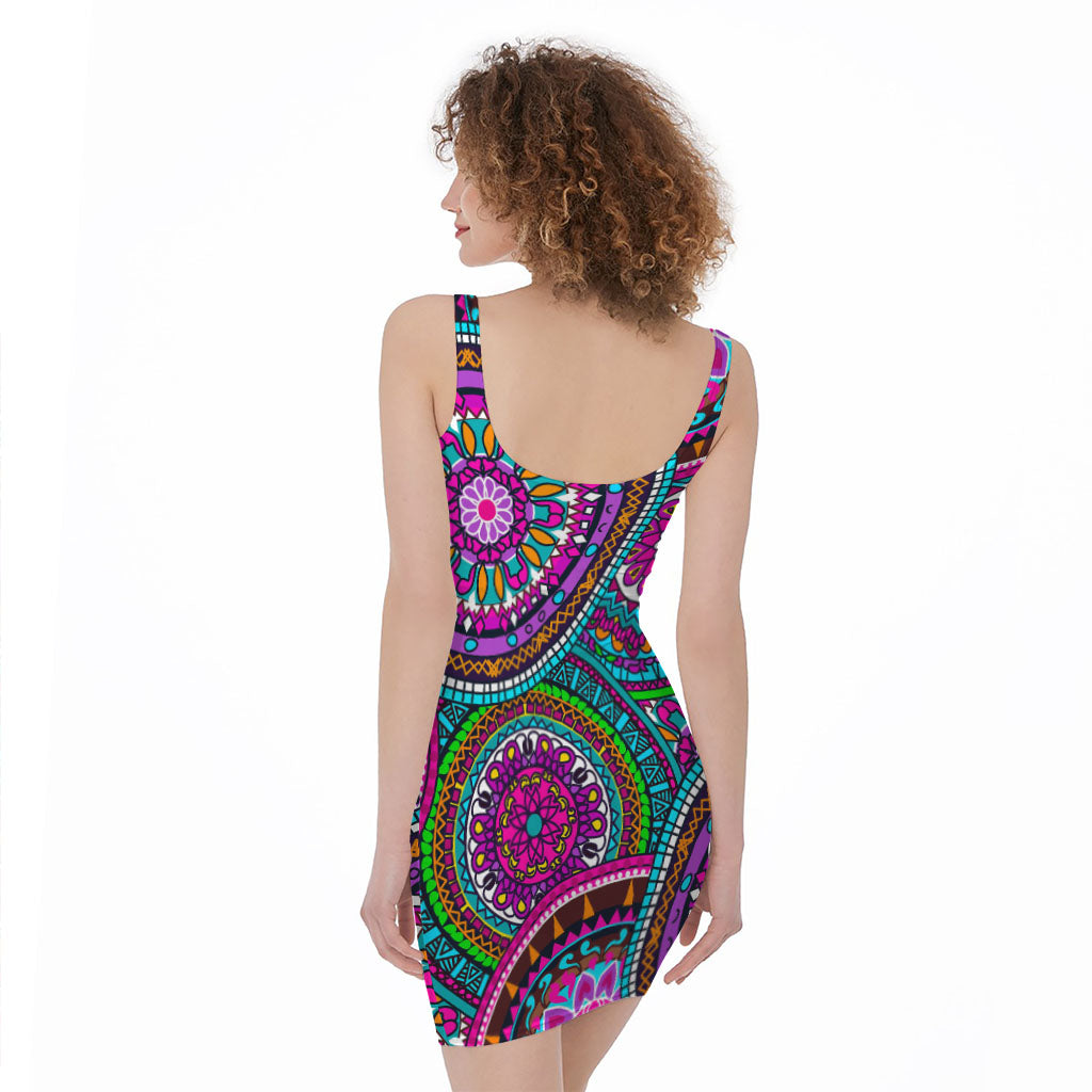 Purple Teal Circle Mandala Print Sleeveless Bodycon Dress
