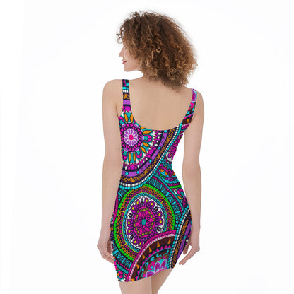 Purple Teal Circle Mandala Print Sleeveless Bodycon Dress