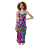 Purple Teal Circle Mandala Print Slim Fit Midi Cami Dress