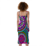Purple Teal Circle Mandala Print Slim Fit Midi Cami Dress