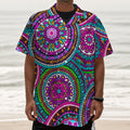 Purple Teal Circle Mandala Print Textured Short Sleeve Shirt