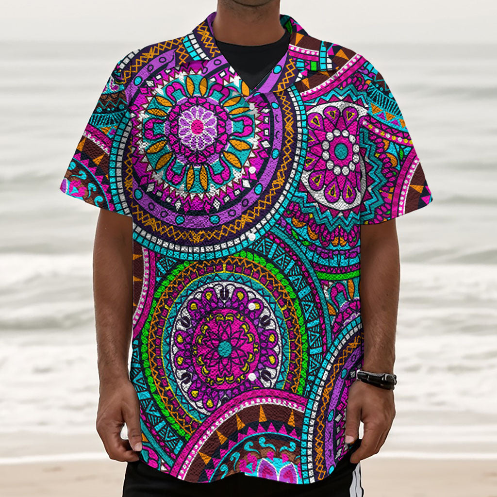 Purple Teal Circle Mandala Print Textured Short Sleeve Shirt