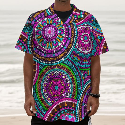 Purple Teal Circle Mandala Print Textured Short Sleeve Shirt