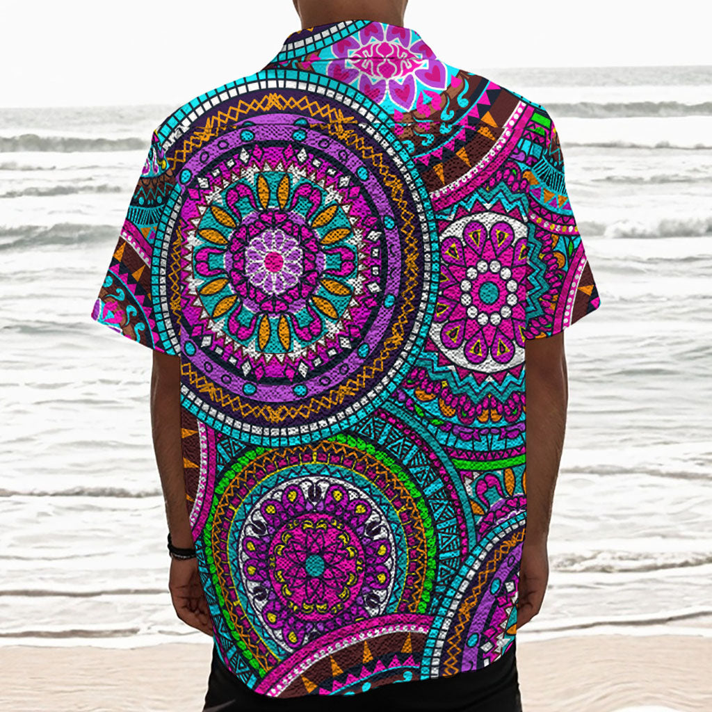 Purple Teal Circle Mandala Print Textured Short Sleeve Shirt
