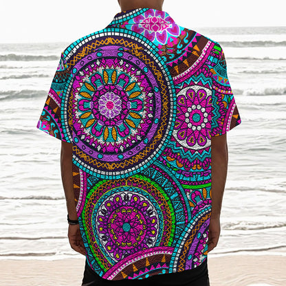 Purple Teal Circle Mandala Print Textured Short Sleeve Shirt