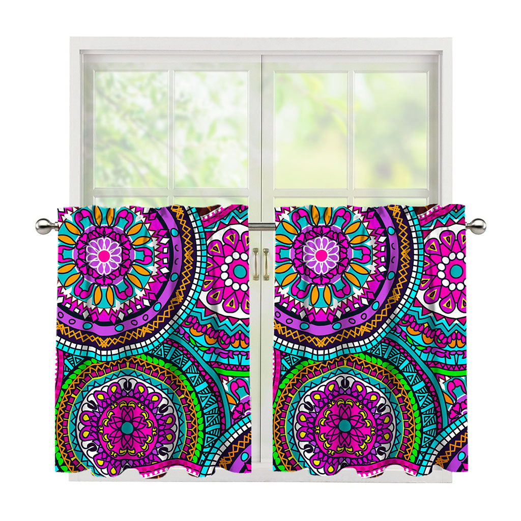 Purple Teal Circle Mandala Print Tier Curtains