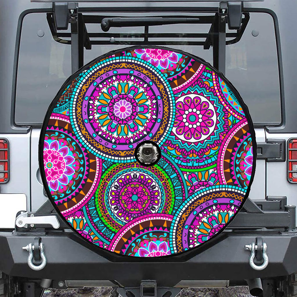 Purple Teal Circle Mandala Print Tire Cover With Camera Hole