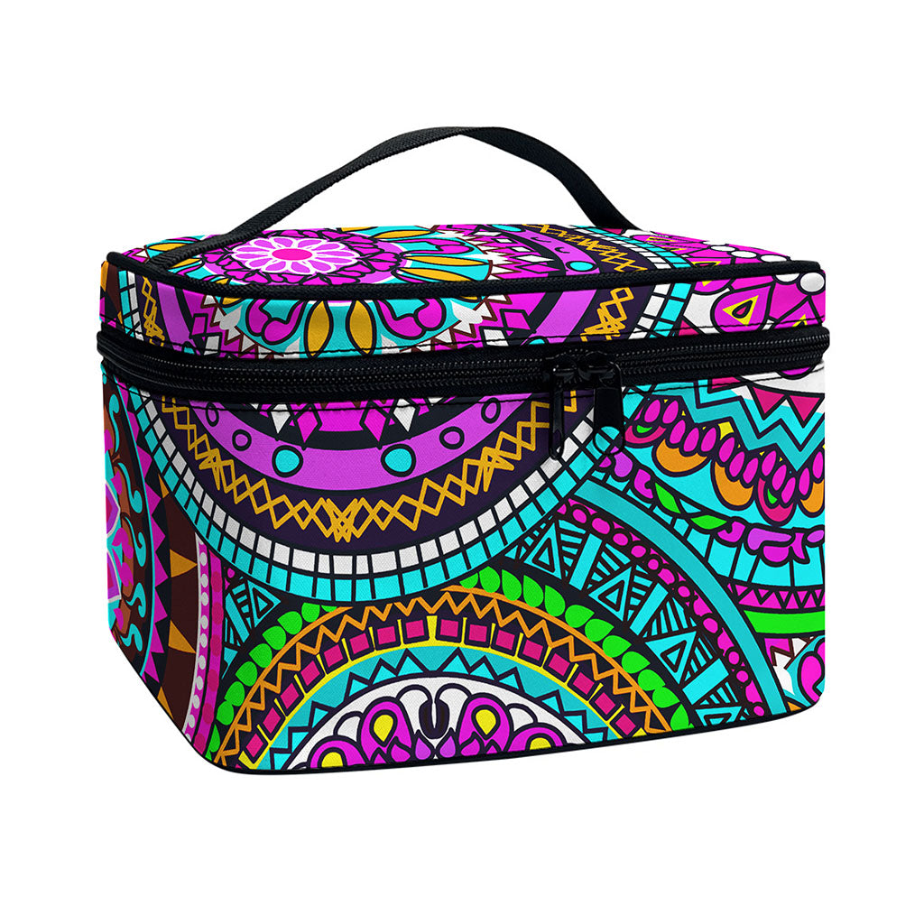 Purple Teal Circle Mandala Print Travel Makeup Bag