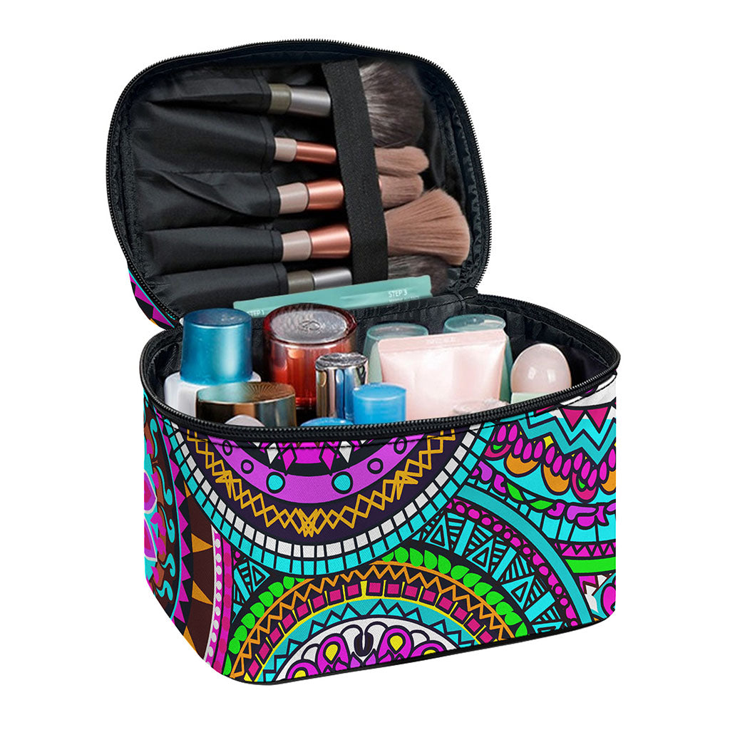 Purple Teal Circle Mandala Print Travel Makeup Bag
