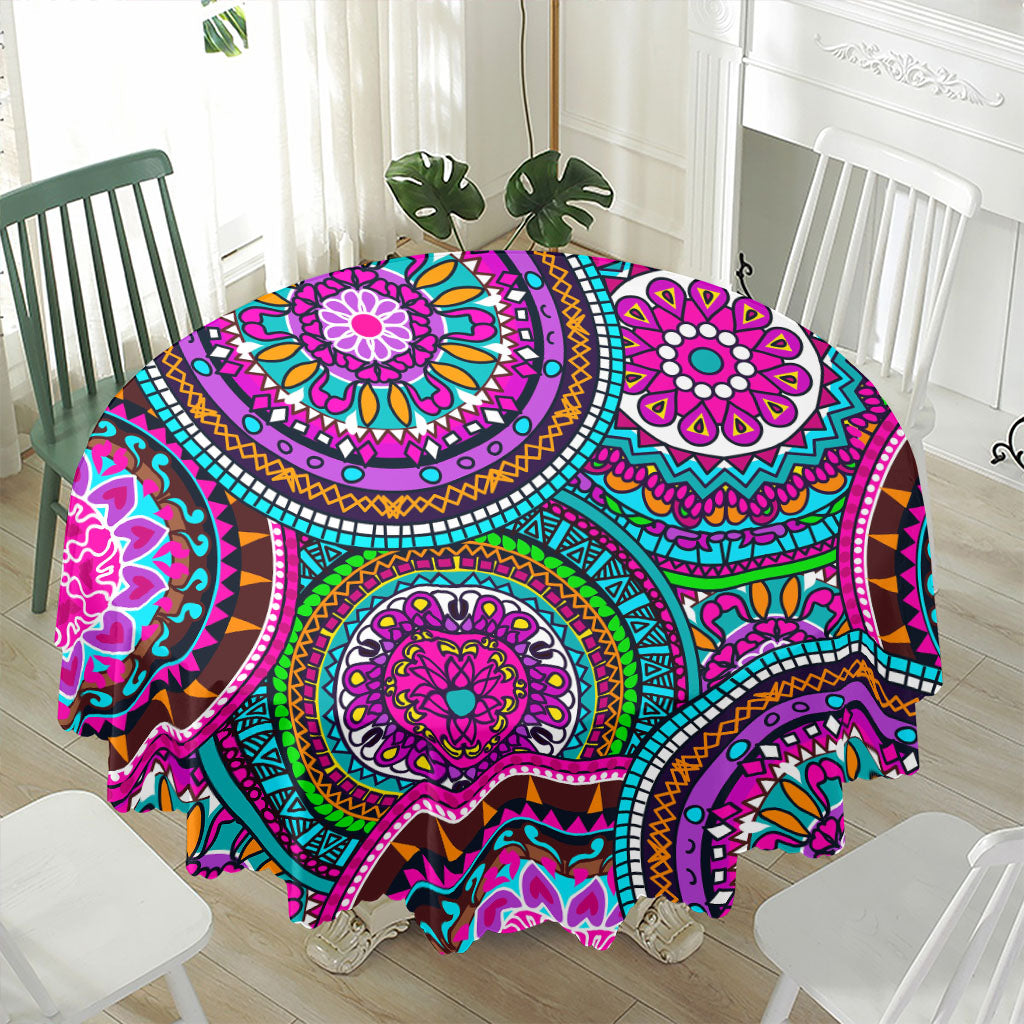 Purple Teal Circle Mandala Print Waterproof Round Tablecloth